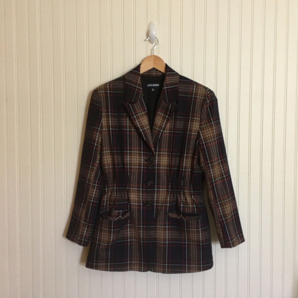 Steve Madden Frida navy brown plaid blazer jacket size small EUC